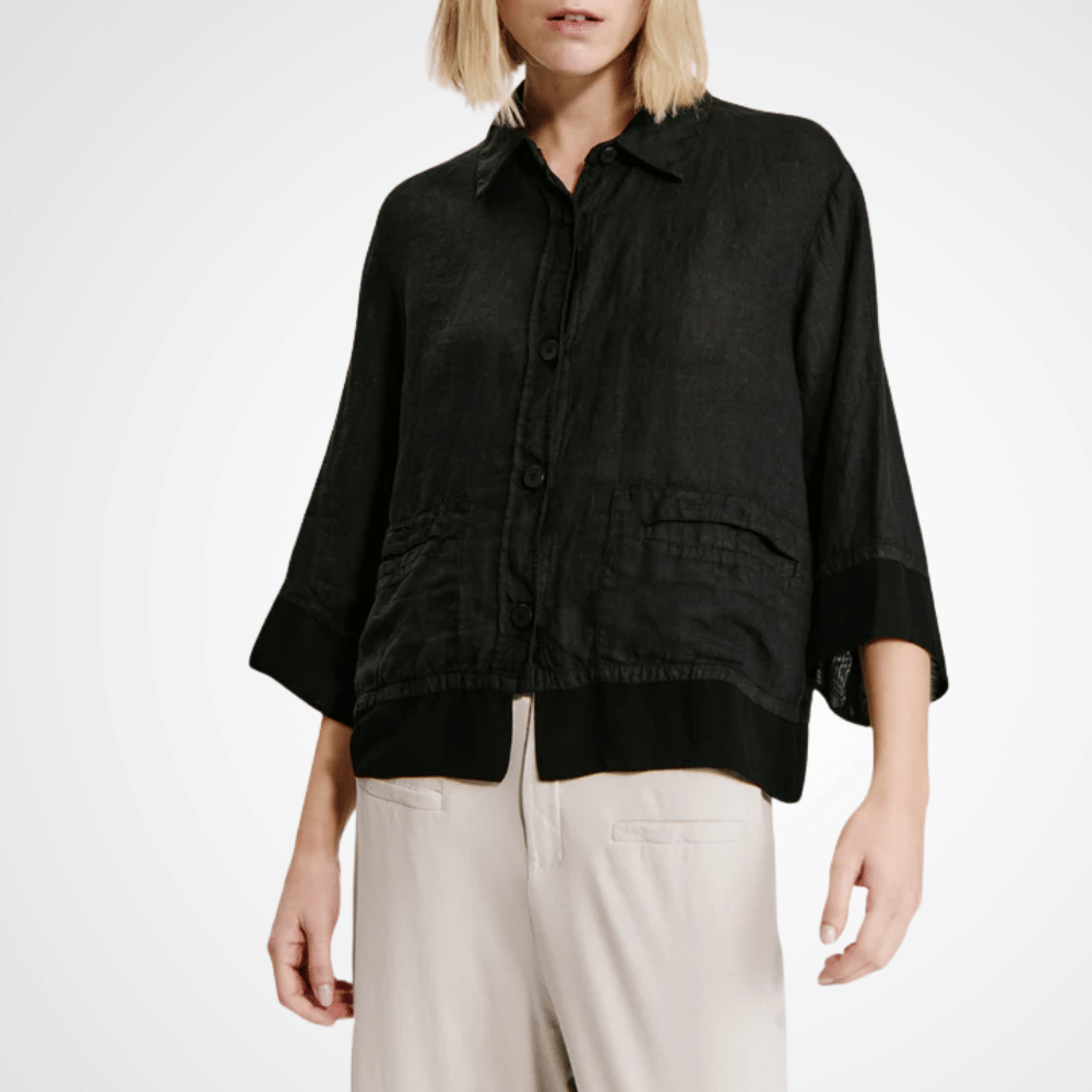 TRANSIT PAR SUCH Linen 3/4 Sleeve Shirt with Georgette Trim in Black E142 Transit Par Such at Riada Concept Designer fashion shop online and in store High End fashion boutique Sydney Australia Riada Concept