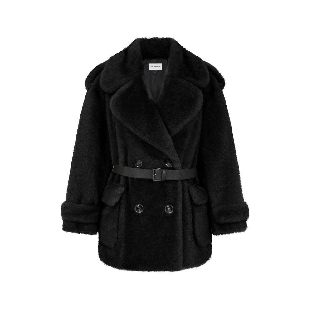 P.A.R.O.S.H. Faux Fur Belted Coat in Black – International designer fashion boutique Australia Riada Concept Woollahra