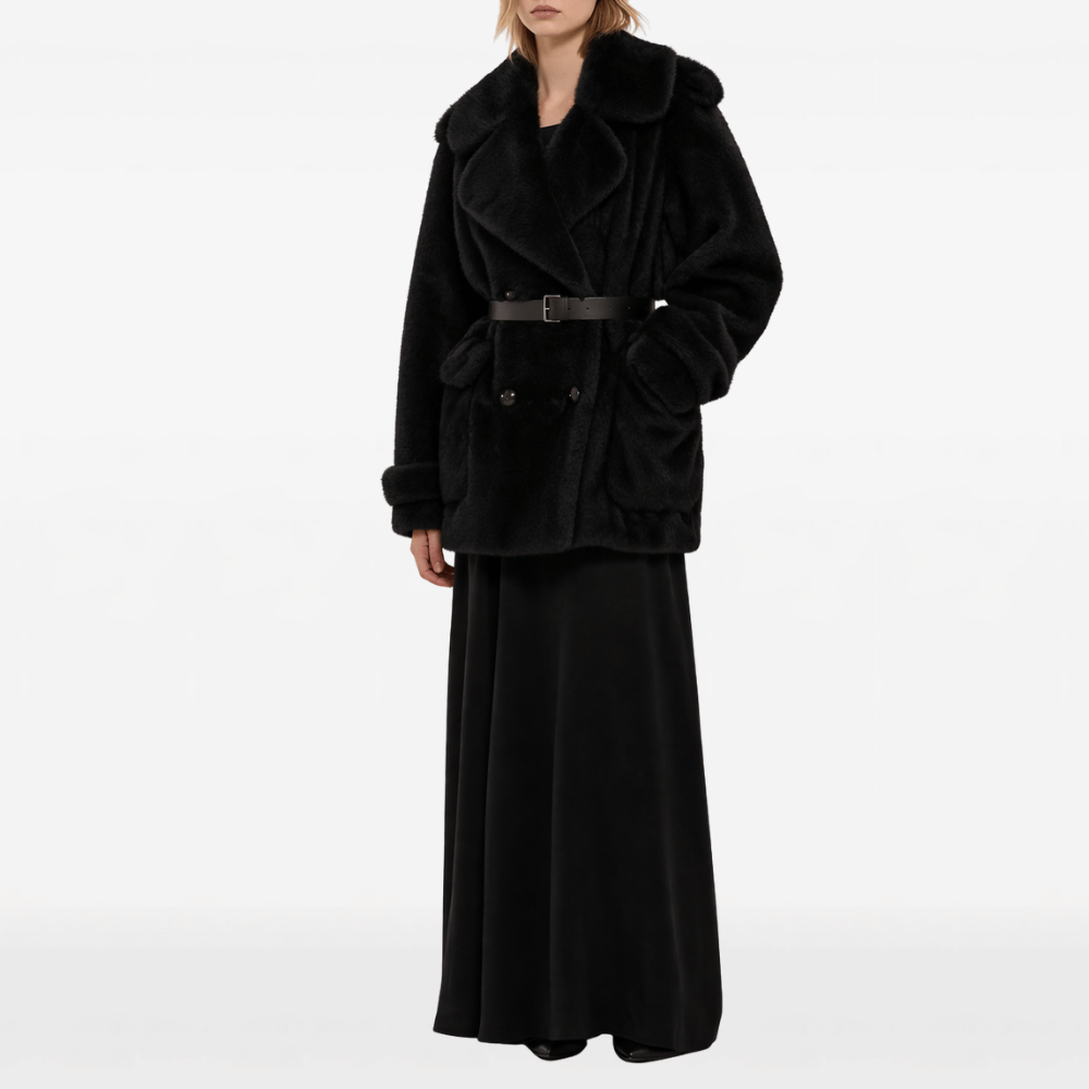 P.A.R.O.S.H. Faux Fur Belted Coat in Black – International designer fashion boutique Australia Riada Concept Woollahra