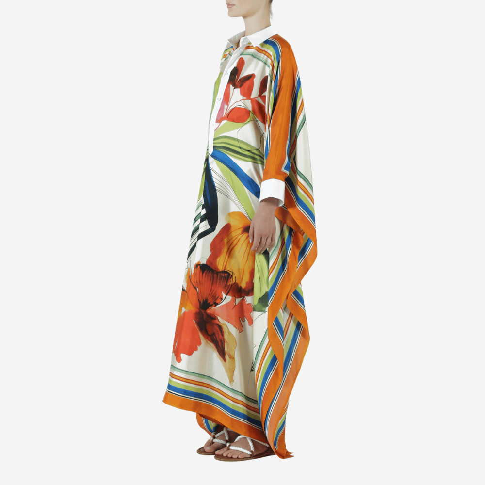Sara Roka Kafka Silk Caftan in Multicolour Hibiscus Print – International designer fashion boutique Australia Riada Concept Woollahra
