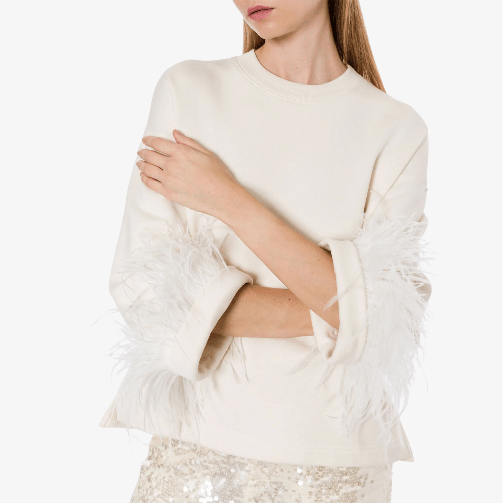 Philosophy di Lorenzo Serafini Detachable Feather Sleeve Sweatshirt in Ivory – luxury Italian recycled cotton sweatshirt with removable feather sleeves, available at Riada Concept Australia