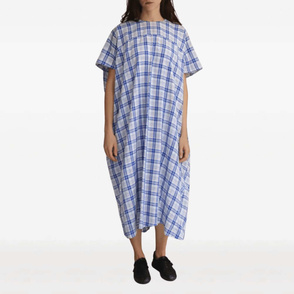 Sofie D’Hoore Oversized Cotton Short Sleeve Dress in Royal Blue Check