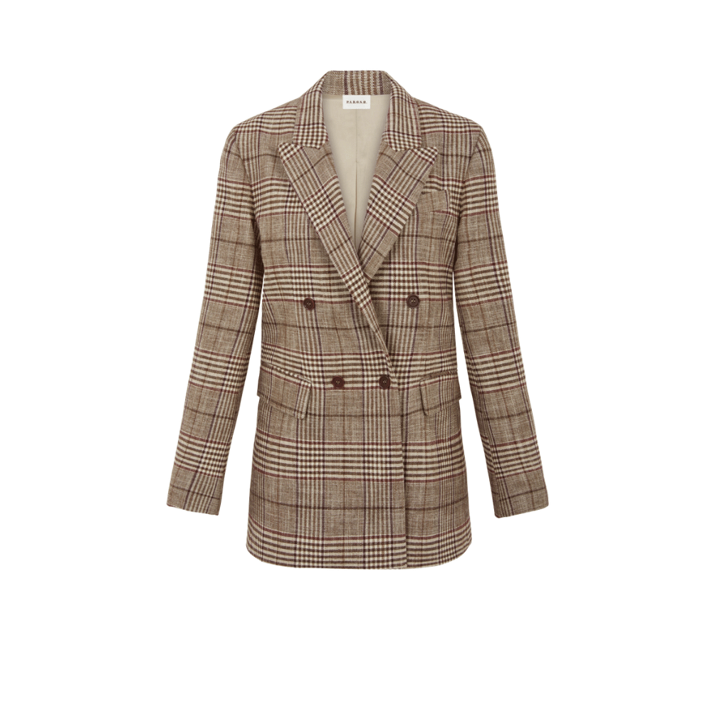 P.A.R.O.S.H. Check Double-Breasted Blazer in Brown Bordeaux – International designer fashion boutique Australia Riada Concept Woollahra