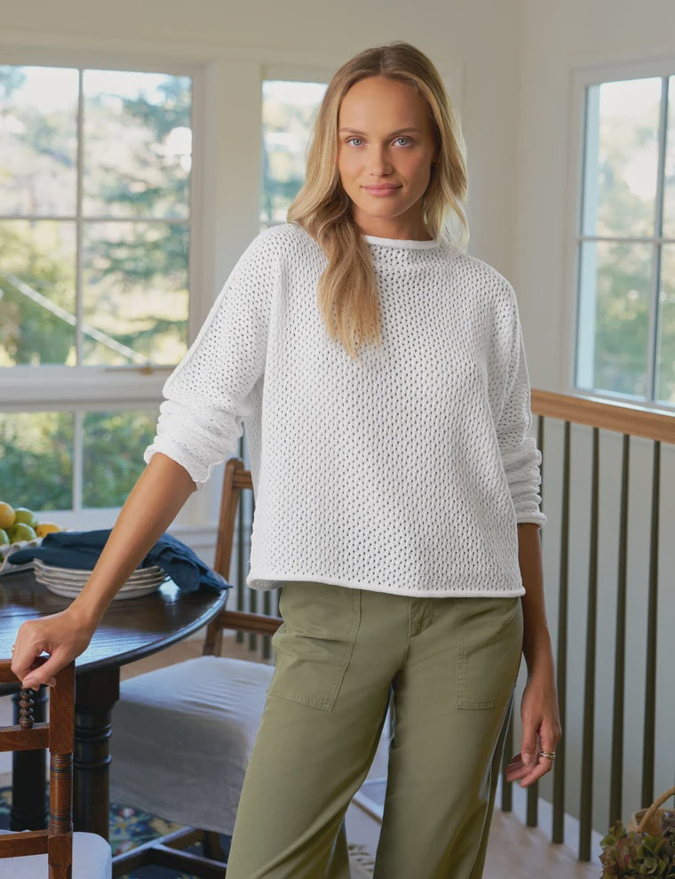 Frank & Eileen Monterey Pointelle Rolled Funnel Neck Sweater in White