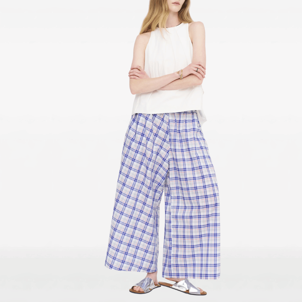 Sofie D’Hoore Wide Leg Cotton Cropped Pants in Royal Blue Check
