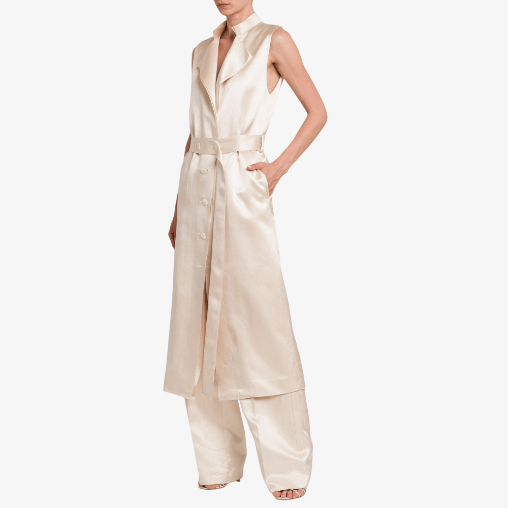 Philosophy di Lorenzo Serafini Longline Duchesse Satin Waistcoat in Ivory with double-breasted closure and notch lapels, international luxury tailoring at Riada Concept Australia