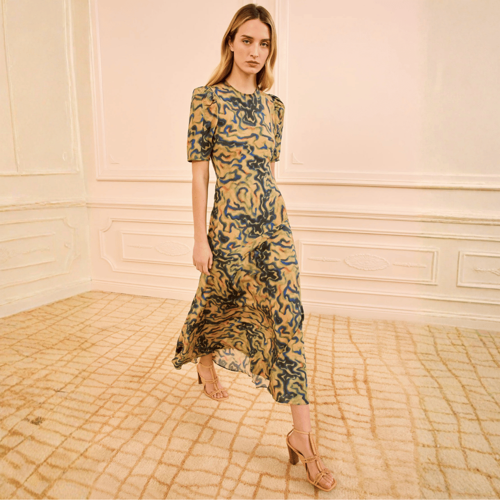 Ulla Johnson Samar Silk Crepe De Chine Midi Dress in Geode – International designer fashion boutique Australia Riada Concept Woollahra