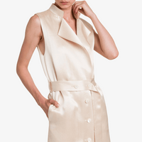 Philosophy di Lorenzo Serafini Longline Duchesse Satin Waistcoat in Ivory with double-breasted closure and notch lapels, international luxury tailoring at Riada Concept Australia