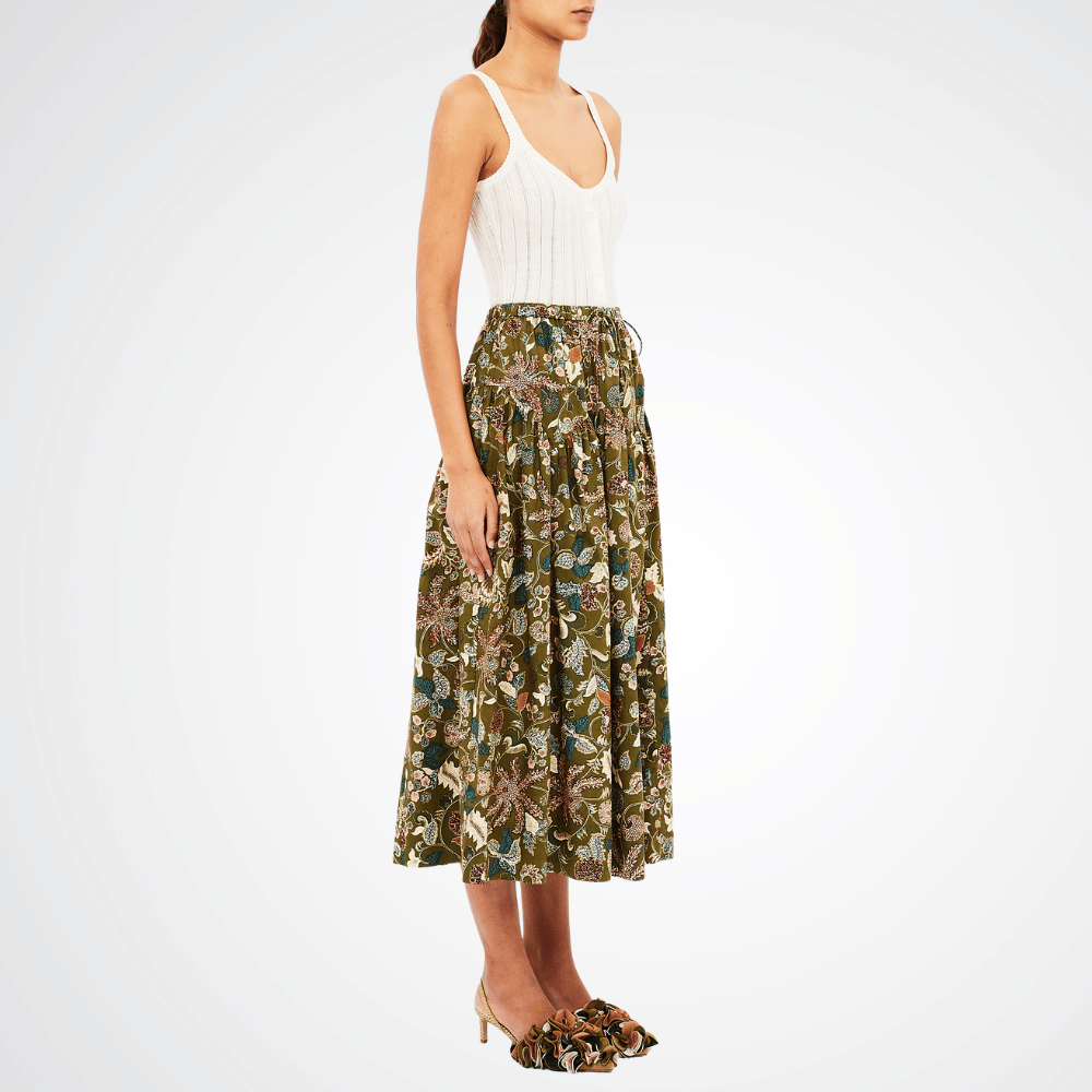 Ulla Johnson Rosen Tie Waist Pull-On Skirt in Lichen Green Print ULLA JOHNSON Designer fashion shop online and in store High End fashion boutique Sydney Australia Riada Concept