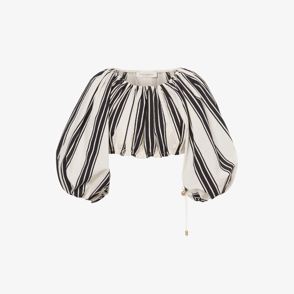 Philosophy di Lorenzo Serafini Cotton–Nylon Striped Cropped Top in Ivory and Black with balloon sleeves and drawstring cuffs — Italian designer womenswear at Riada Concept Australia