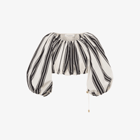 Philosophy di Lorenzo Serafini Cotton–Nylon Striped Cropped Top in Ivory and Black with balloon sleeves and drawstring cuffs — Italian designer womenswear at Riada Concept Australia