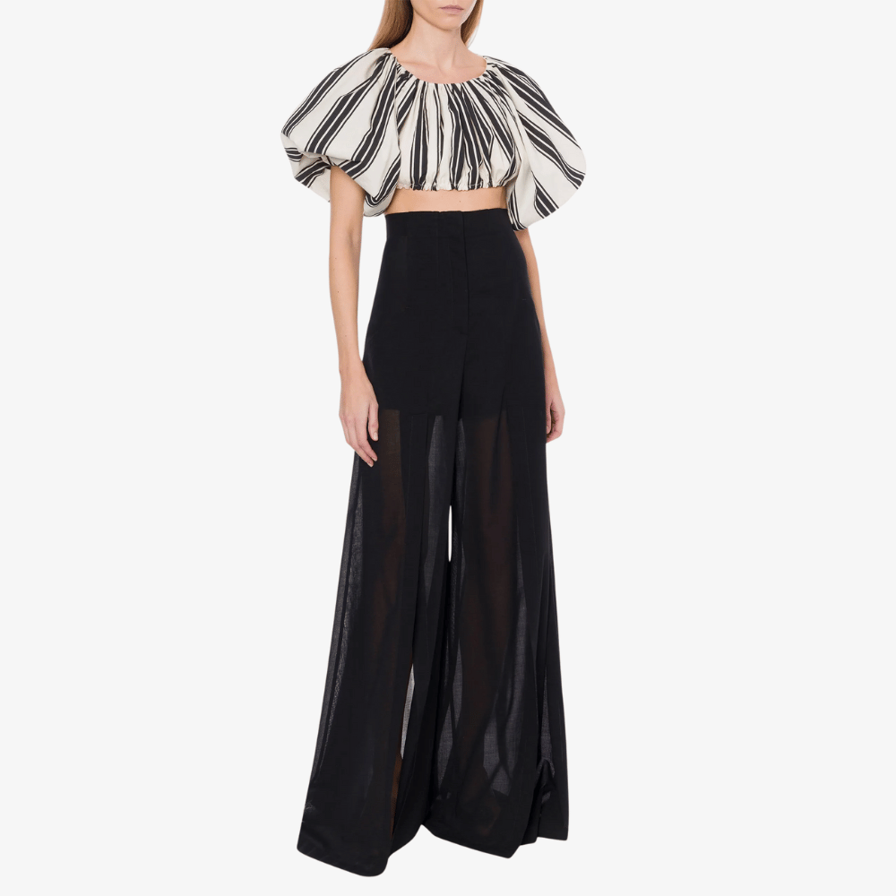 Philosophy di Lorenzo Serafini Cotton–Nylon Striped Cropped Top in Ivory and Black with balloon sleeves and drawstring cuffs — Italian designer womenswear at Riada Concept Australia