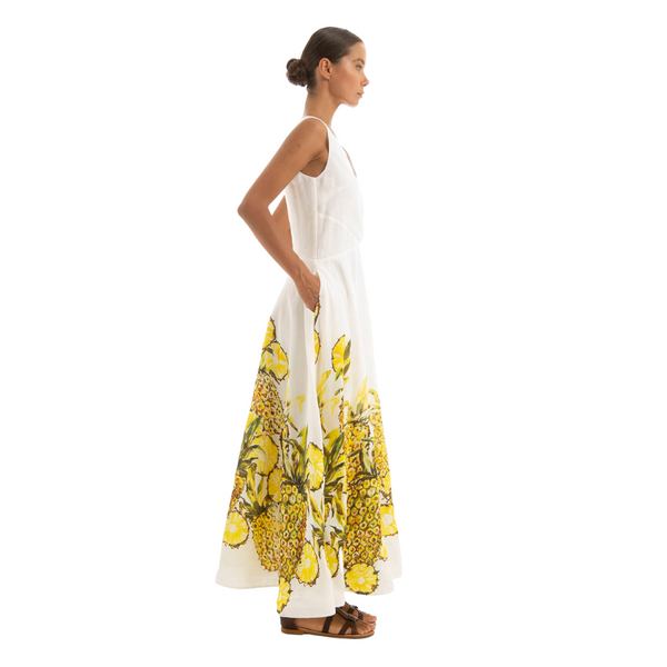 Teagan Sleeveless V neck maxi dress in white and yellow
