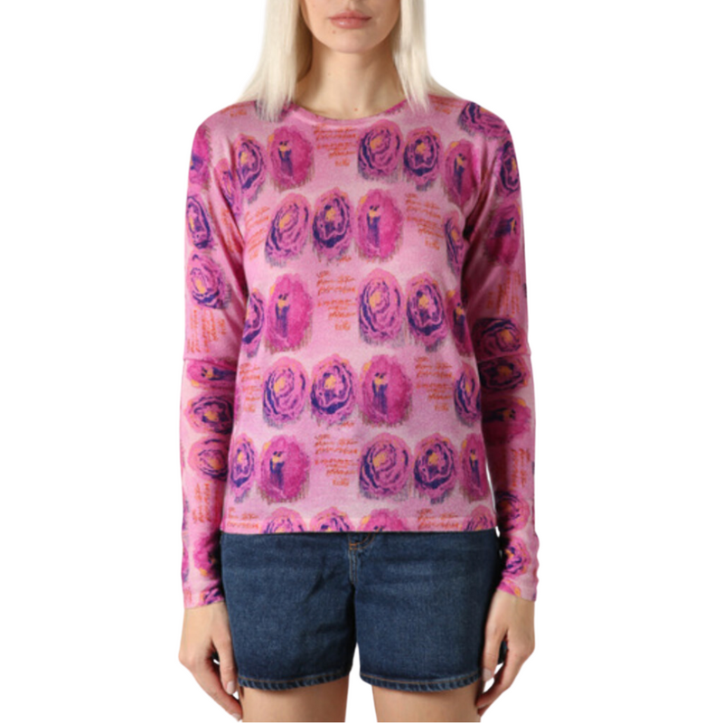Crewneck cashmere silk knit in pink roses