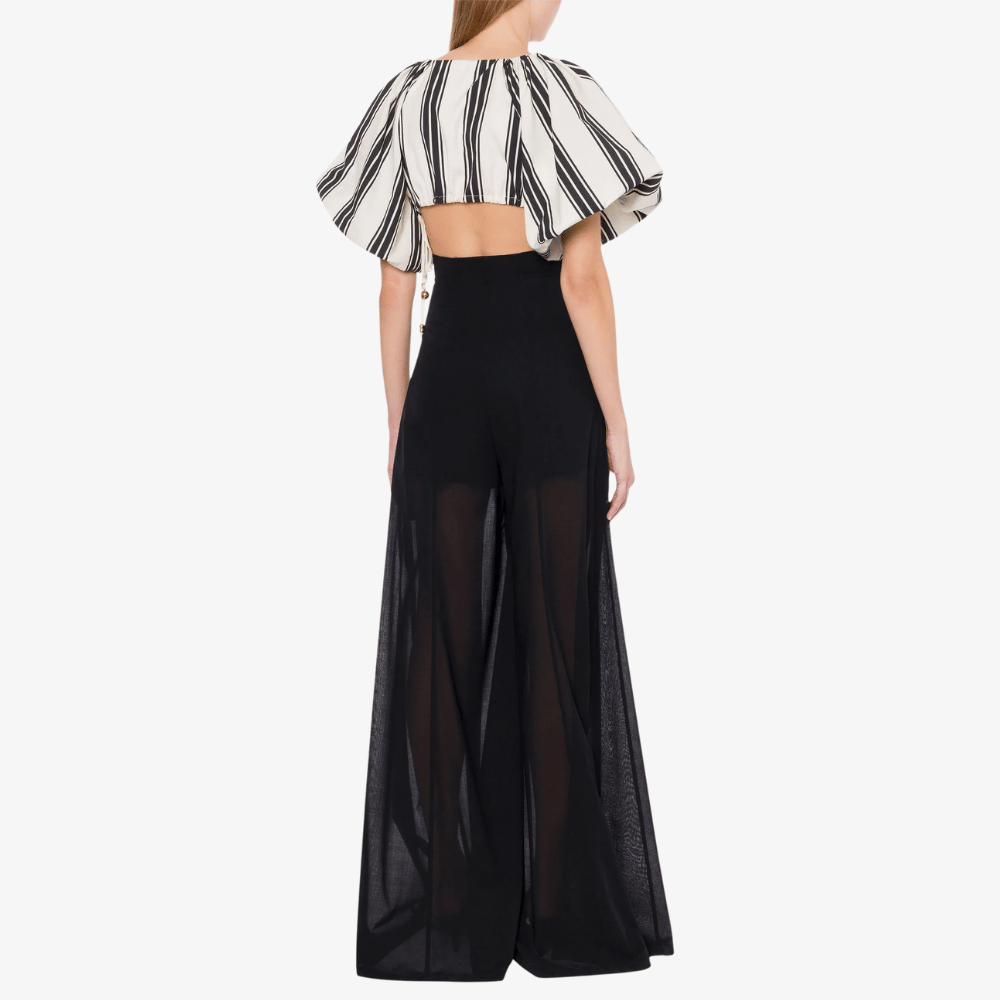 Philosophy di Lorenzo Serafini Cotton–Nylon Striped Cropped Top in Ivory and Black with balloon sleeves and drawstring cuffs — Italian designer womenswear at Riada Concept Australia