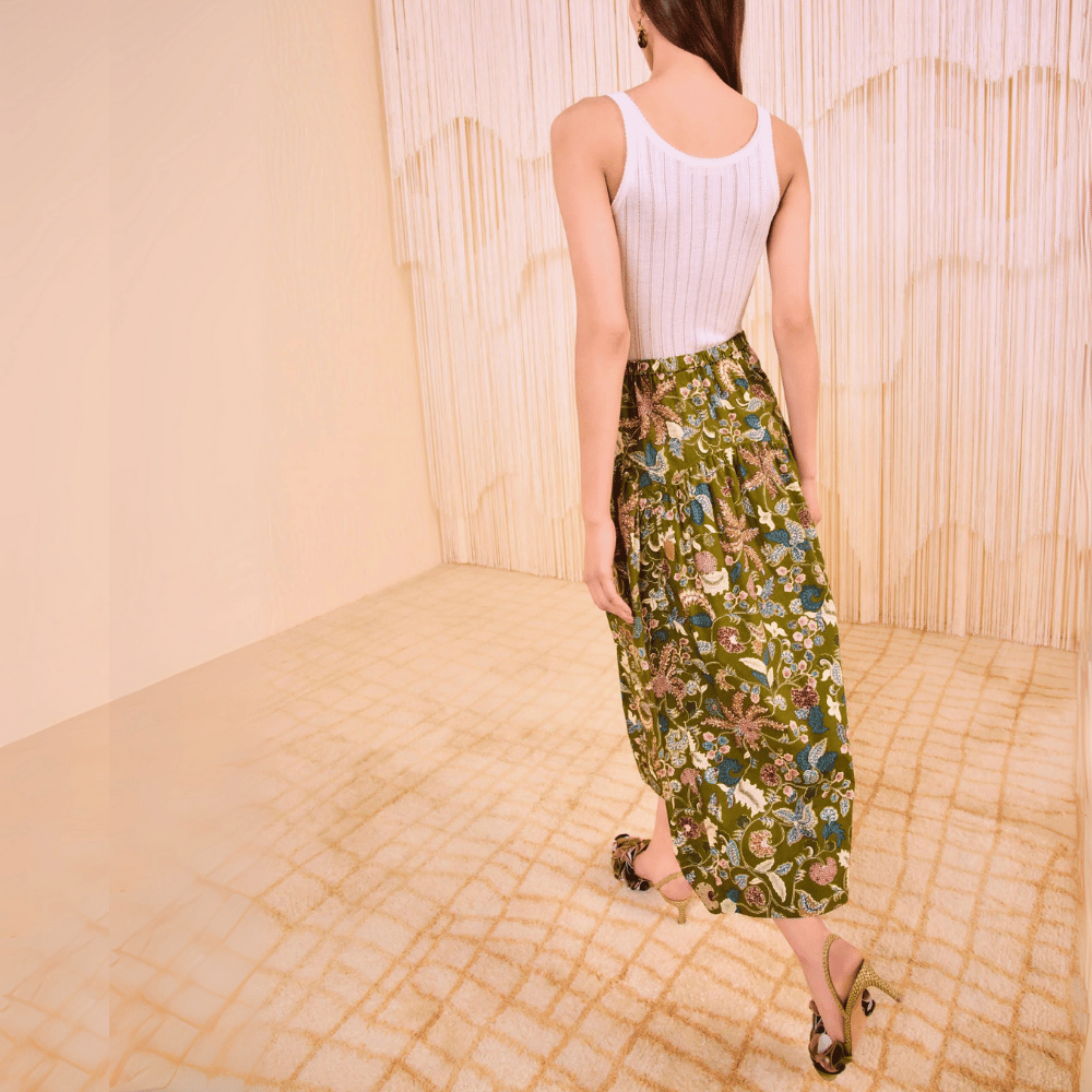 Ulla Johnson Rosen Tie Waist Pull-On Skirt in Lichen Green Print ULLA JOHNSON Designer fashion shop online and in store High End fashion boutique Sydney Australia Riada Concept