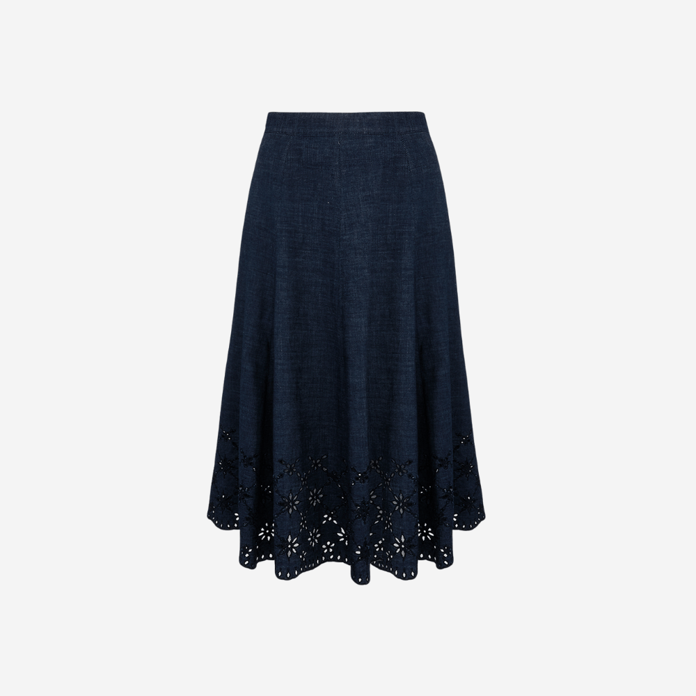 Embroidered Denim A-Line Skirt in Blue