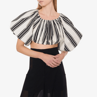 Philosophy di Lorenzo Serafini Cotton–Nylon Striped Cropped Top in Ivory and Black with balloon sleeves and drawstring cuffs — Italian designer womenswear at Riada Concept Australia