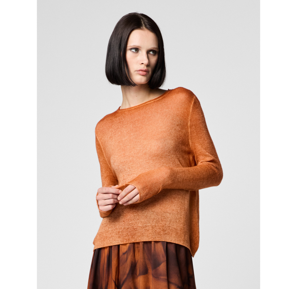 HAND PAINTED ROUND NECK LIGHT CASHMERE PULLOVER IN AMBRA