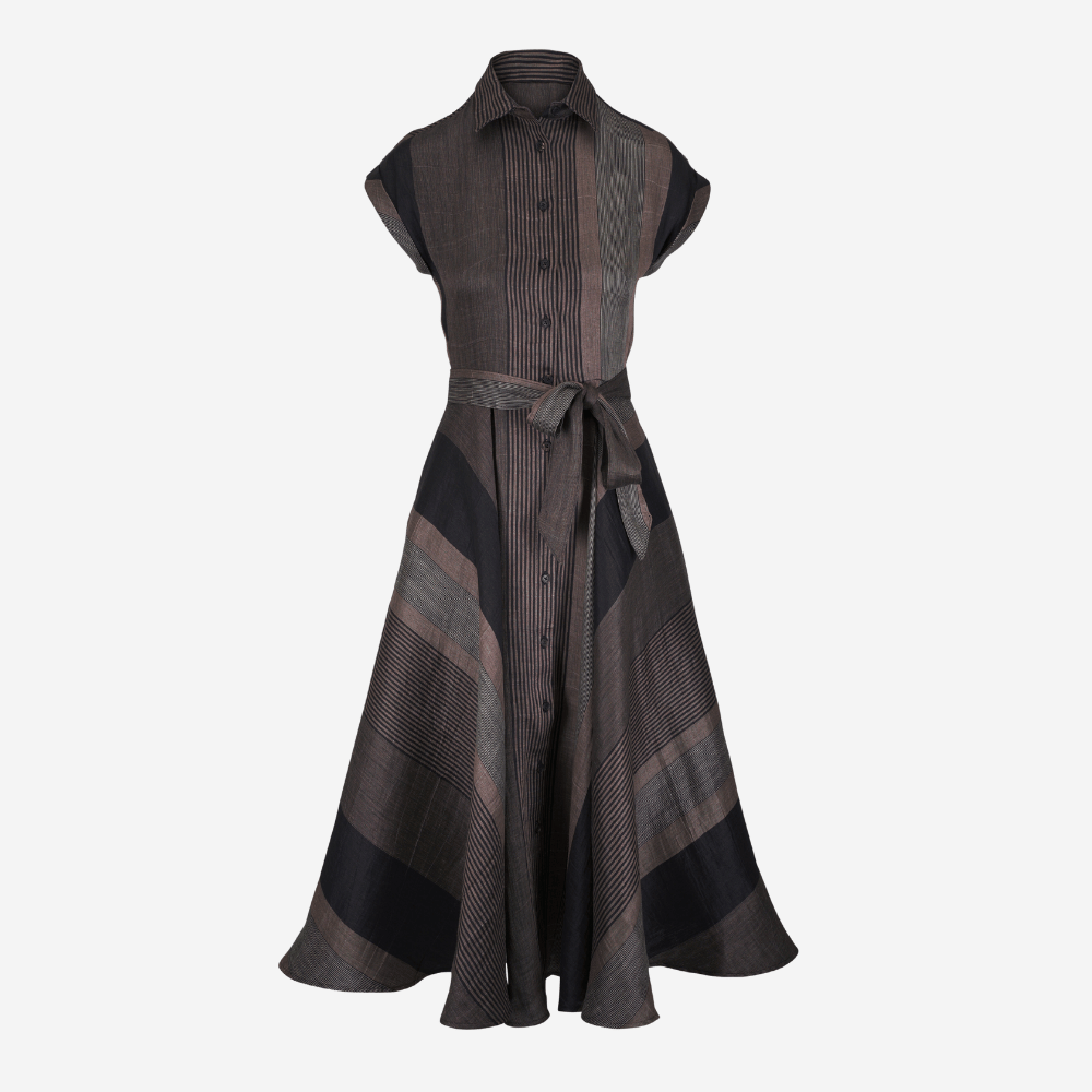 Sara Roka Danielle Dress in Black and Beige Stripe – International designer fashion boutique Australia Riada Concept Woollahra