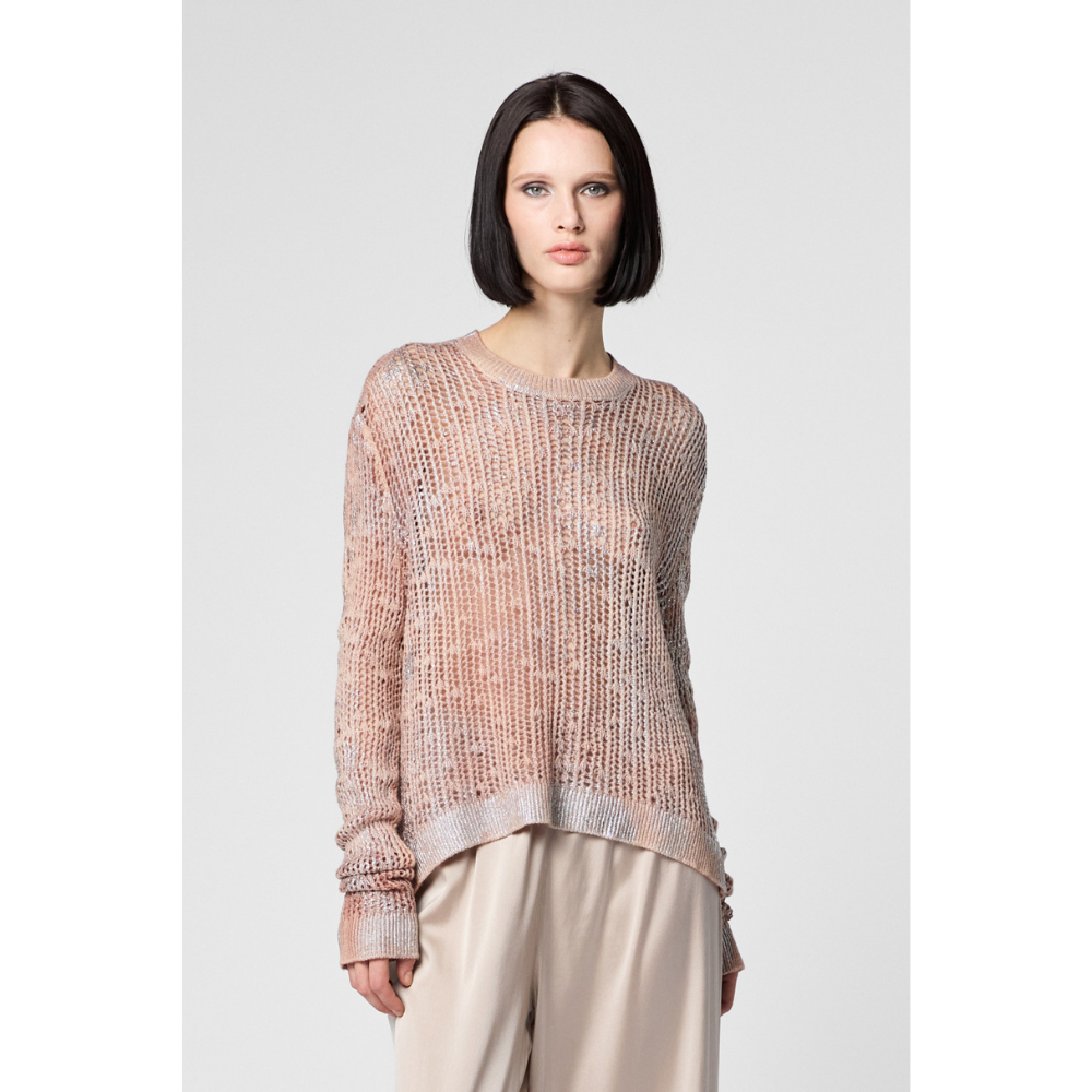 LAMINATED ROUND NECK NET STITCH PULLOVER IN QUARZO