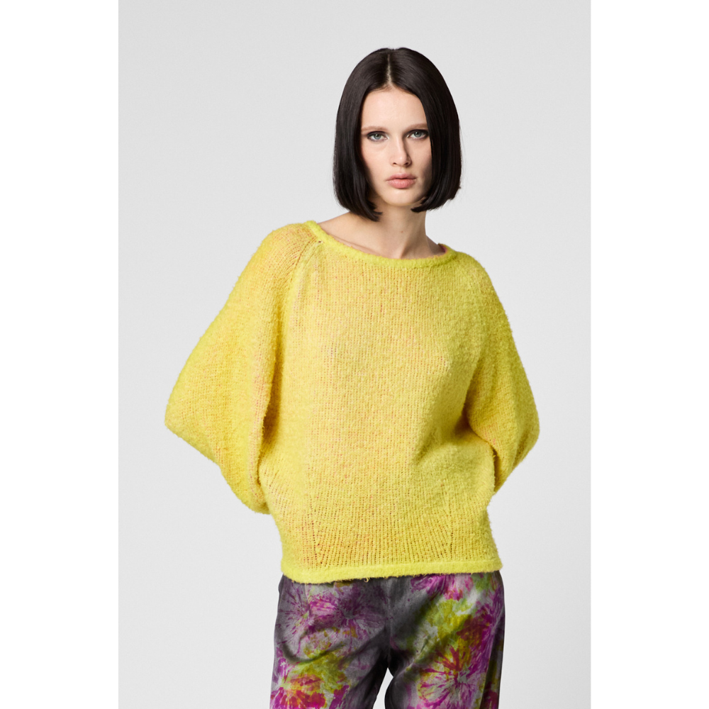 BICOLOR BRUSHED COTTON ROUND NECK OVERSIZED PULLOVER WITH RAGLAN SLEEVES IN GIALLO AND ROSA