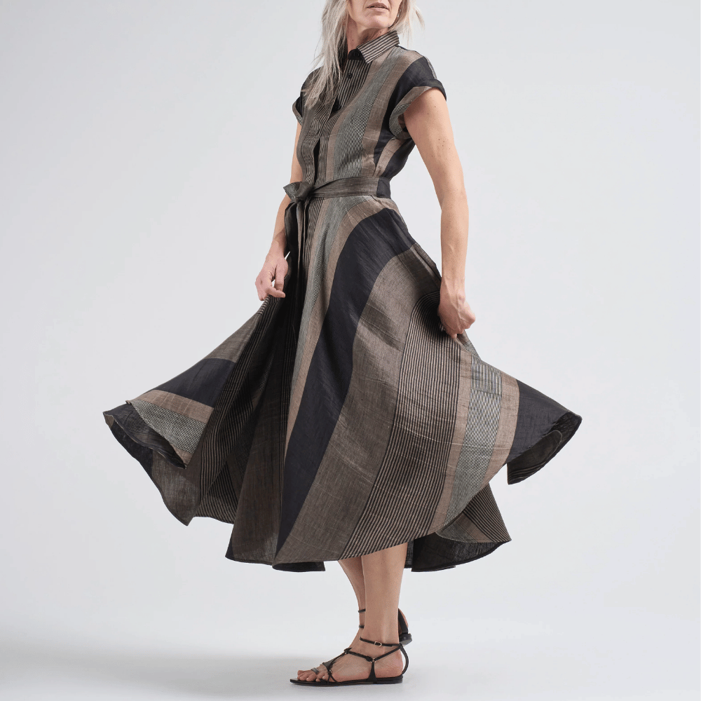 Sara Roka Danielle Dress in Black and Beige Stripe – International designer fashion boutique Australia Riada Concept Woollahra