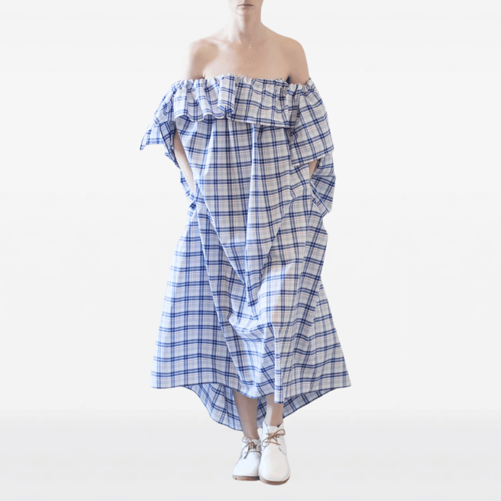 Sofie D’Hoore Off-the-Shoulder Cotton Midi Dress in Royal Blue Check