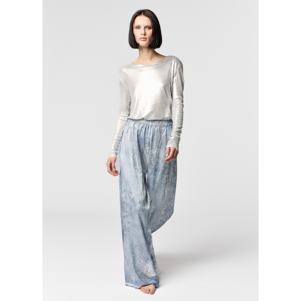 MARBLE LAMINATION EFFECT STRETCH SILK PALAZZO PANTS IN TITANIUM