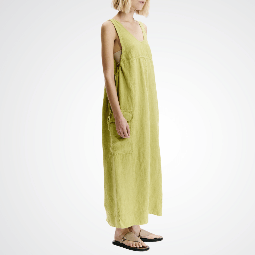 The Transit Par Such Linen Cargo Dress in Lime features a scoop neckline, deep armholes, and adjustable side drawstrings. Transit Par Such at Riada Concept Designer fashion shop online and in store High End fashion boutique Sydney Australia Riada Concept