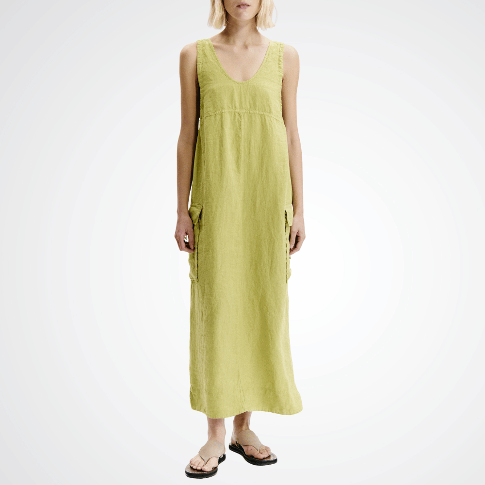 The Transit Par Such Linen Cargo Dress in Lime features a scoop neckline, deep armholes, and adjustable side drawstrings. Transit Par Such at Riada Concept Designer fashion shop online and in store High End fashion boutique Sydney Australia Riada Concept