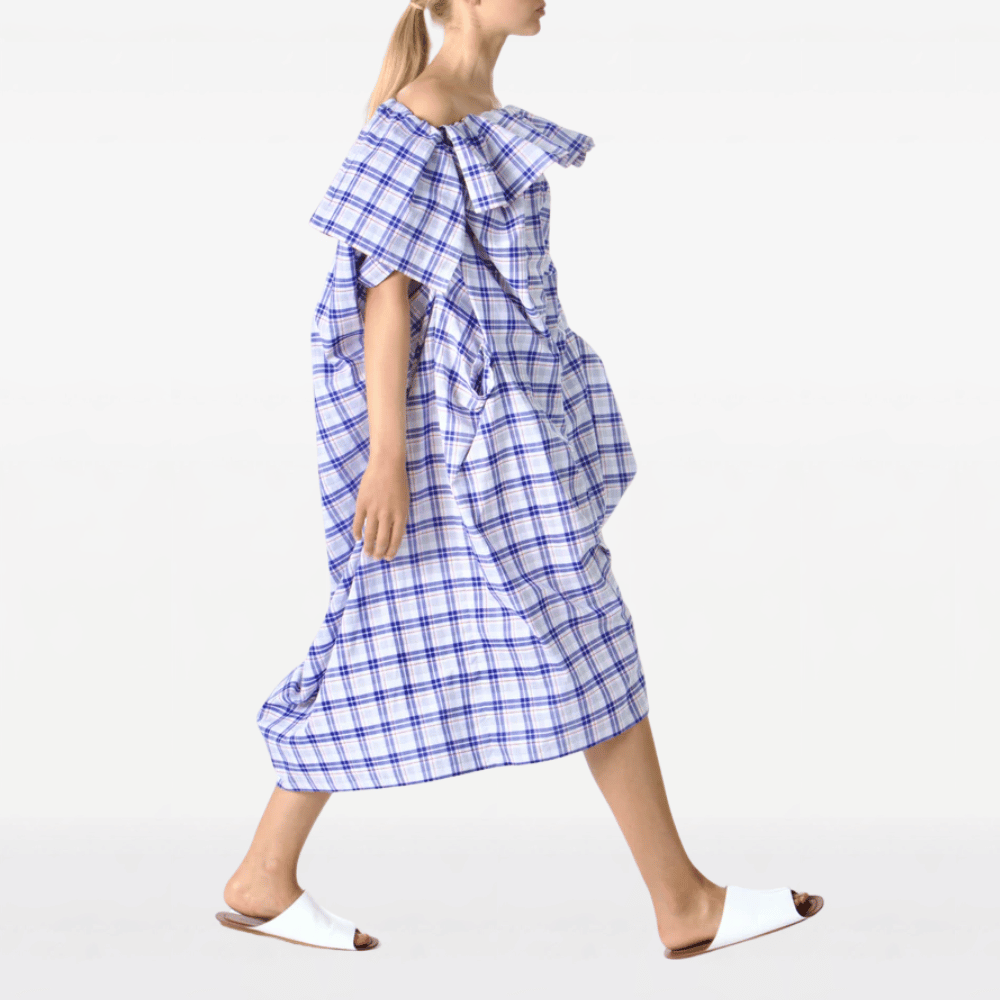 Sofie D’Hoore Off-the-Shoulder Cotton Midi Dress in Royal Blue Check