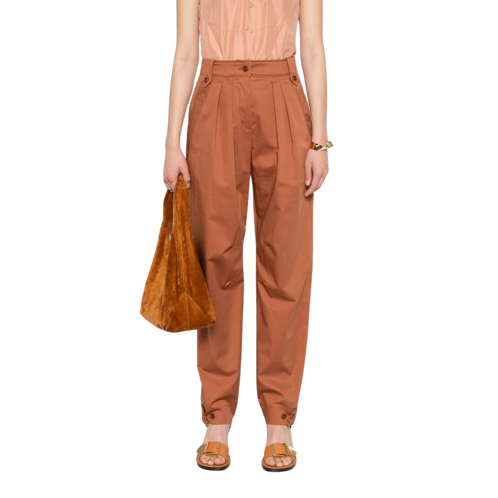 Organic cotton stretch satin trousers in brown