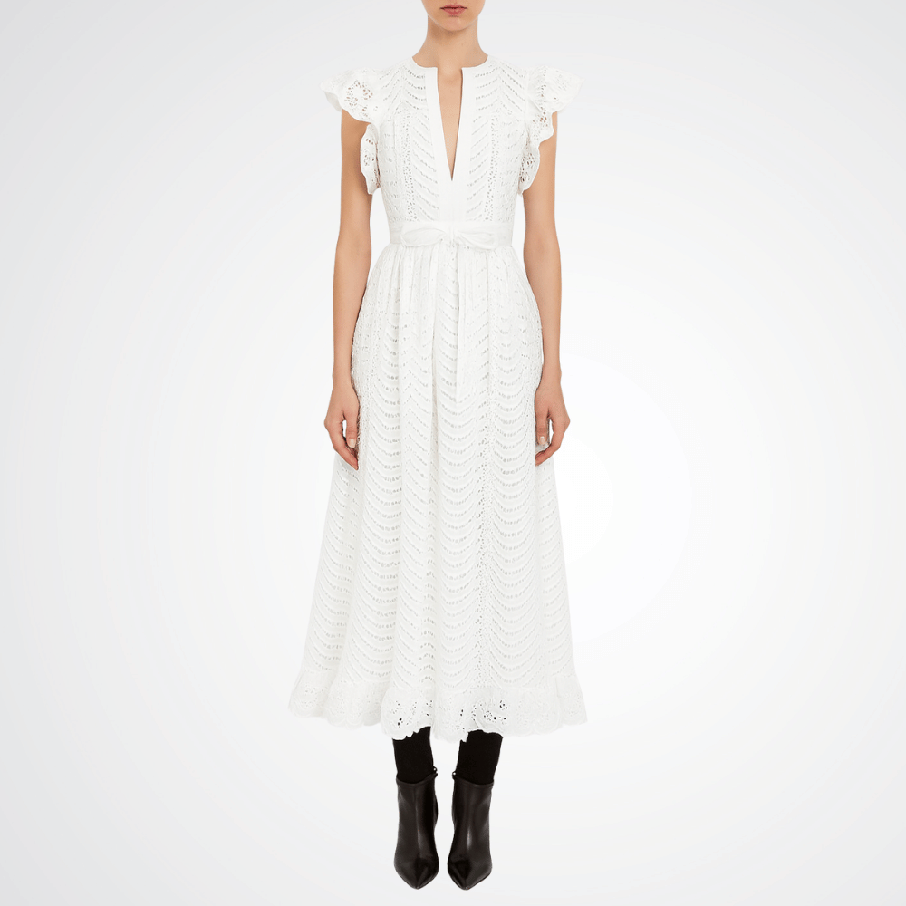 Ulla Johnson Olga Flutter Sleeve Midi Dress in Pristine – luxury white cotton eyelet midi dress with lace inserts and scalloped flutter sleeves, Available instore and online at Riada Concept, Woollahra — Sydney’s destination for a curated selection of international luxury brands