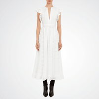 Ulla Johnson Olga Flutter Sleeve Midi Dress in Pristine – luxury white cotton eyelet midi dress with lace inserts and scalloped flutter sleeves, Available instore and online at Riada Concept, Woollahra — Sydney’s destination for a curated selection of international luxury brands