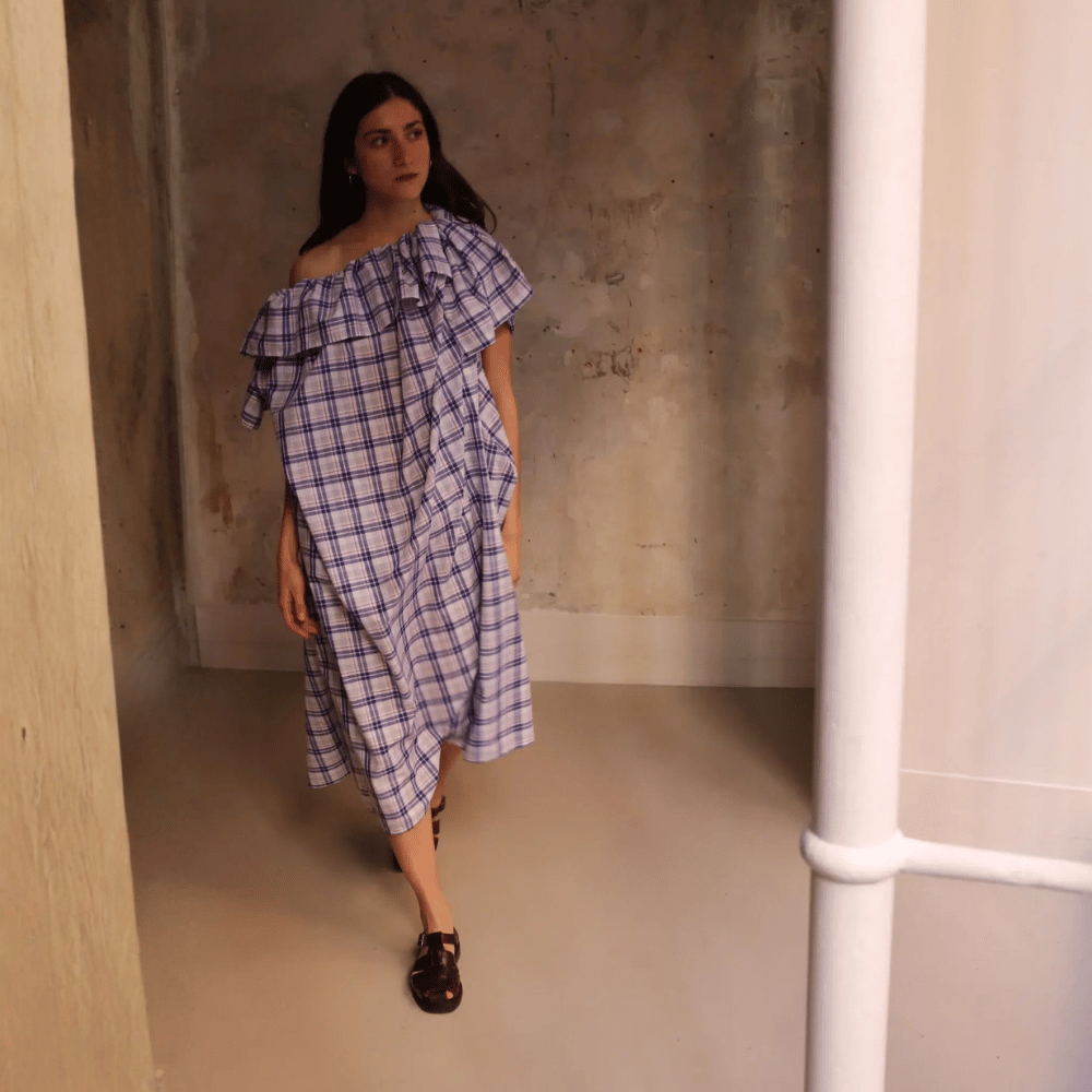 Sofie D’Hoore Off-the-Shoulder Cotton Midi Dress in Royal Blue Check