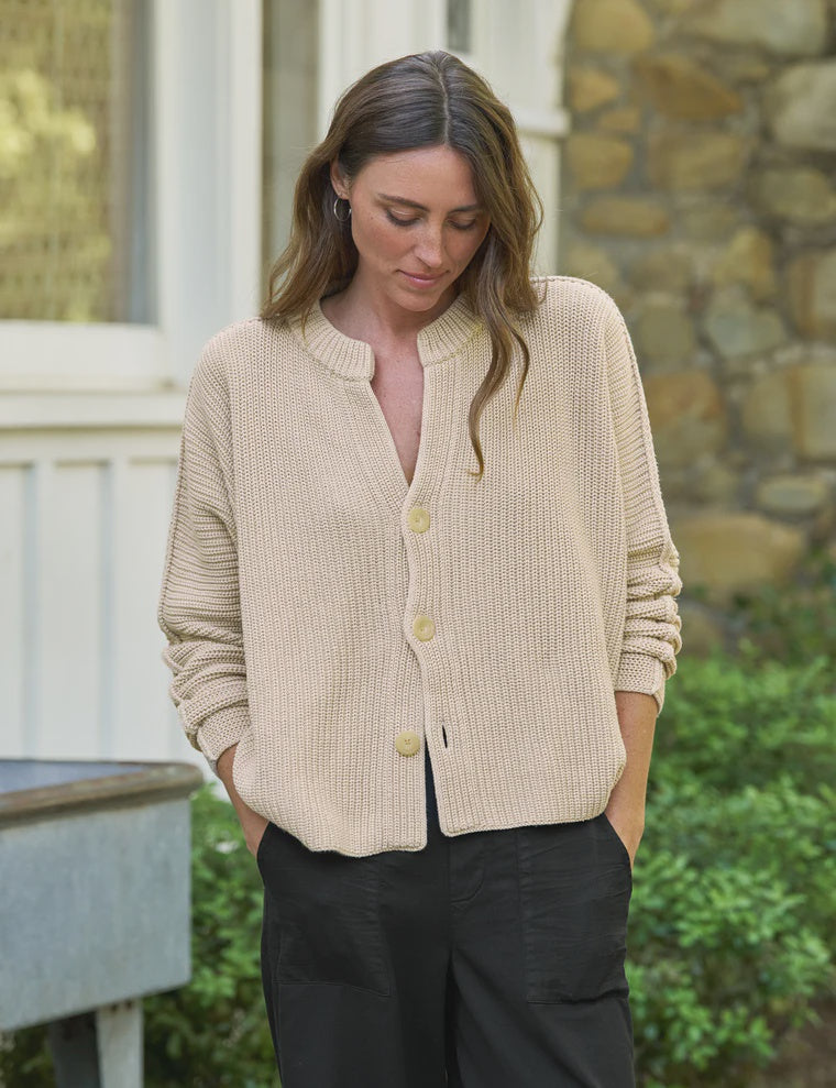 Frank & Eileen Montecito Crew Neck Cardigan in Sand Pure Italian Cotton