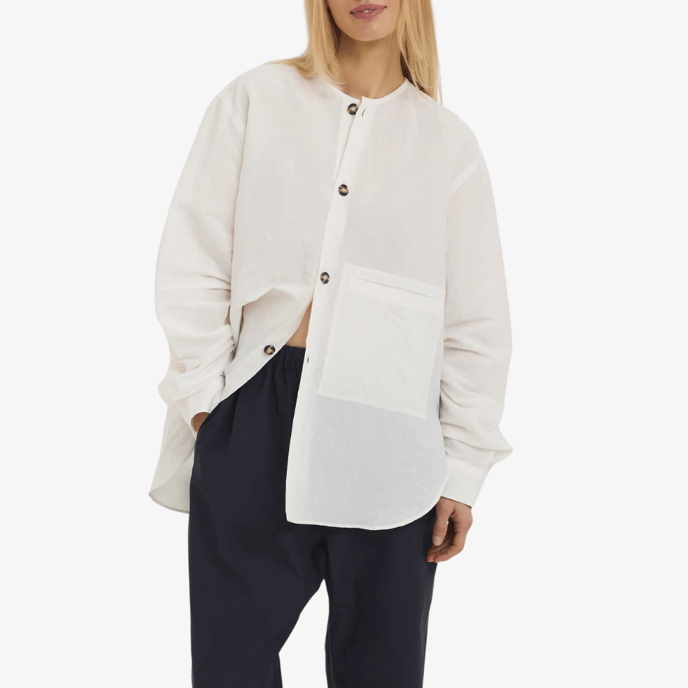 Sofie D’Hoore Linen Cotton Henley Long Sleeve Shirt in Off White