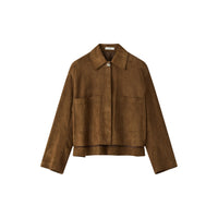 JOSEPH Aitna light suede jacket in taupe with a pointed collar and two patch pockets, front view