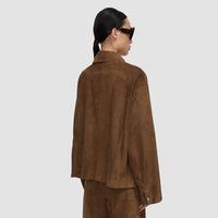 Back view of the JOSEPH Aitna light suede jacket in taupe, showing the dropped shoulders