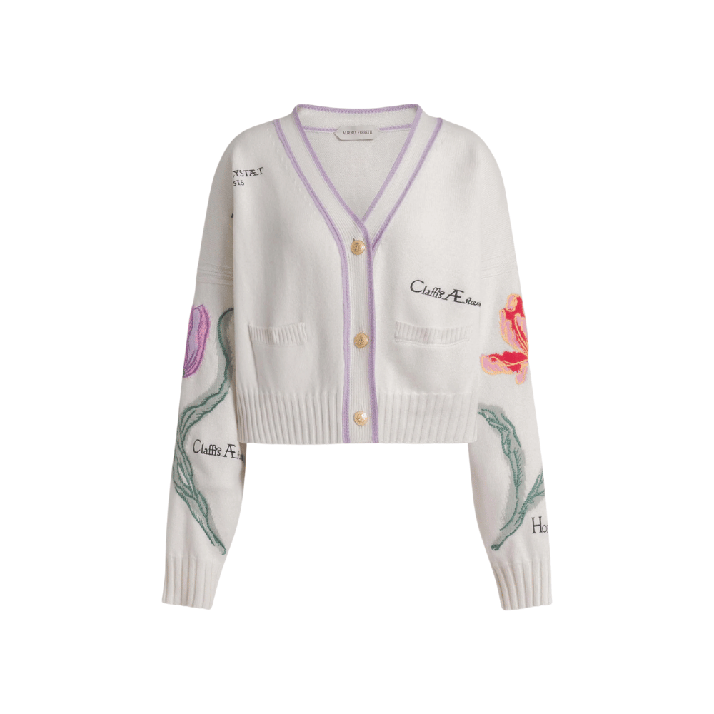 Alberta Ferretti Herbarium Embroidered Cashmere Blend Cardigan in Ivory – International designer fashion boutique Australia Riada Concept Woollahra