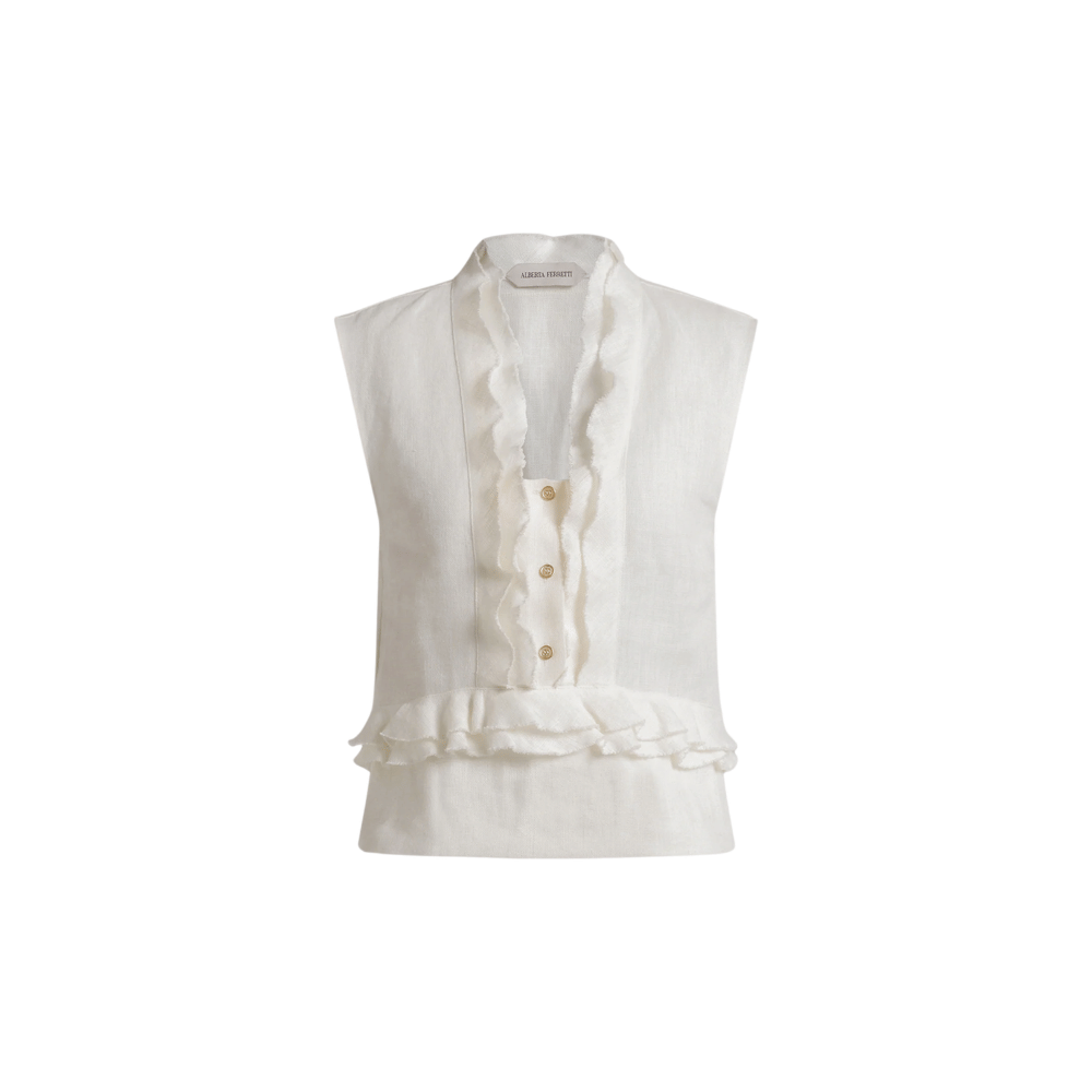 Alberta Ferretti Sleeveless Ruffled Linen Blouse in Ivory – International designer fashion boutique Australia Riada Concept Woollahra