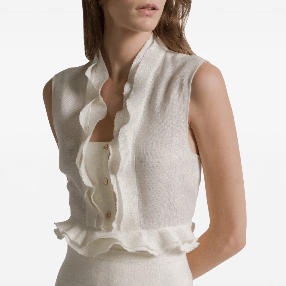 Alberta Ferretti Sleeveless Ruffled Linen Blouse in Ivory – International designer fashion boutique Australia Riada Concept Woollahra