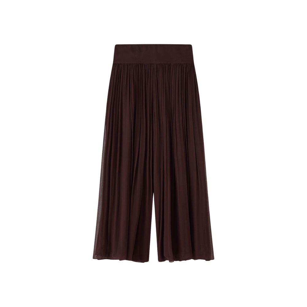 JOSEPH Ale silk chiffon wide-leg trousers in mahogany with a wide waistband, front view