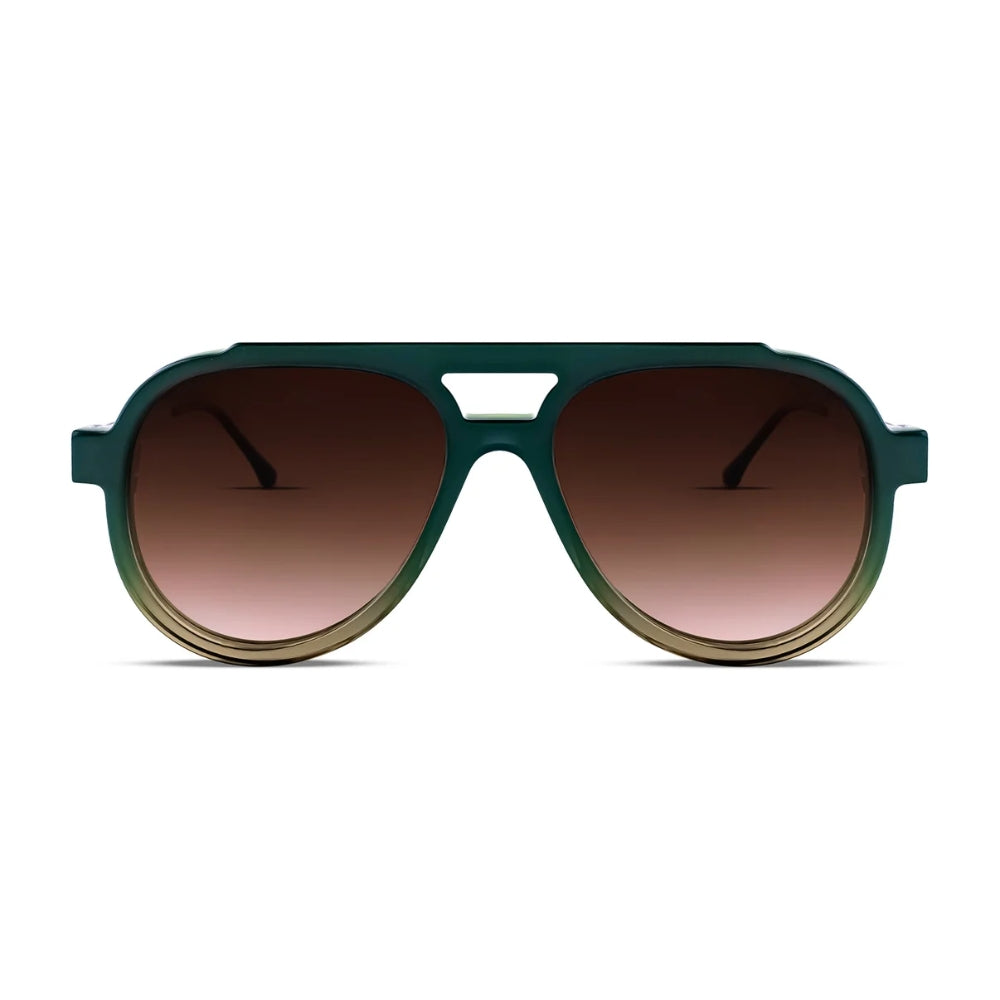 Thierry Lasry ALIENY flat-top aviator sunglasses in translucent green acetate, with gradient brown lenses and lacquered metal temples - front view
