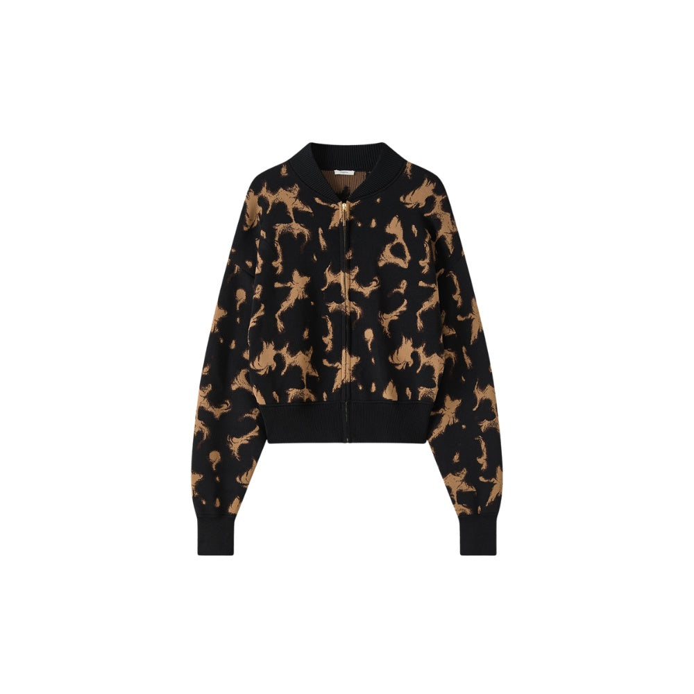 JOSEPH Ambra tortoiseshell jacquard knit bomber jacket in black and camel, front view