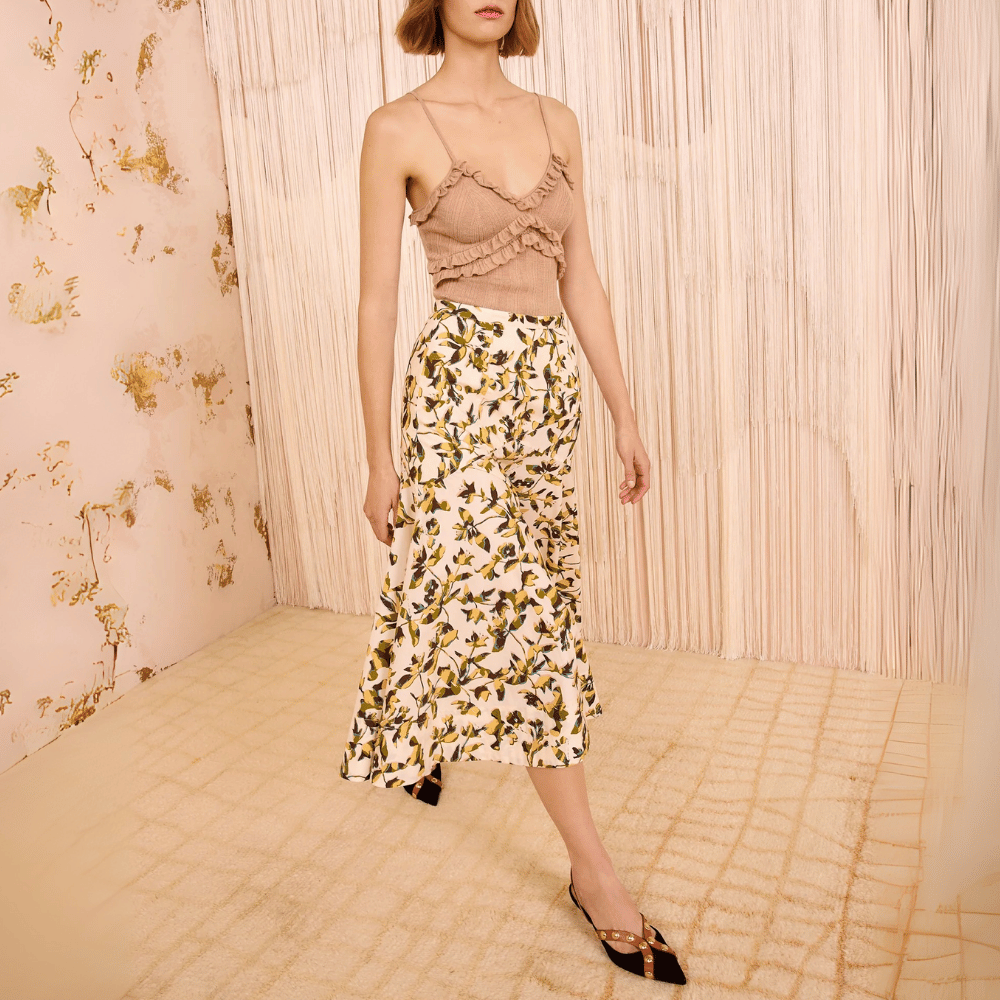 Ulla Johnson Annika High Waist Asymmetrical Midi Skirt in Lucent – luxury cotton poplin graphic bloom midi skirt with asymmetric hem, Available instore and online at Riada Concept, Woollahra Sydney’s destination for a curated selection of international luxury brands