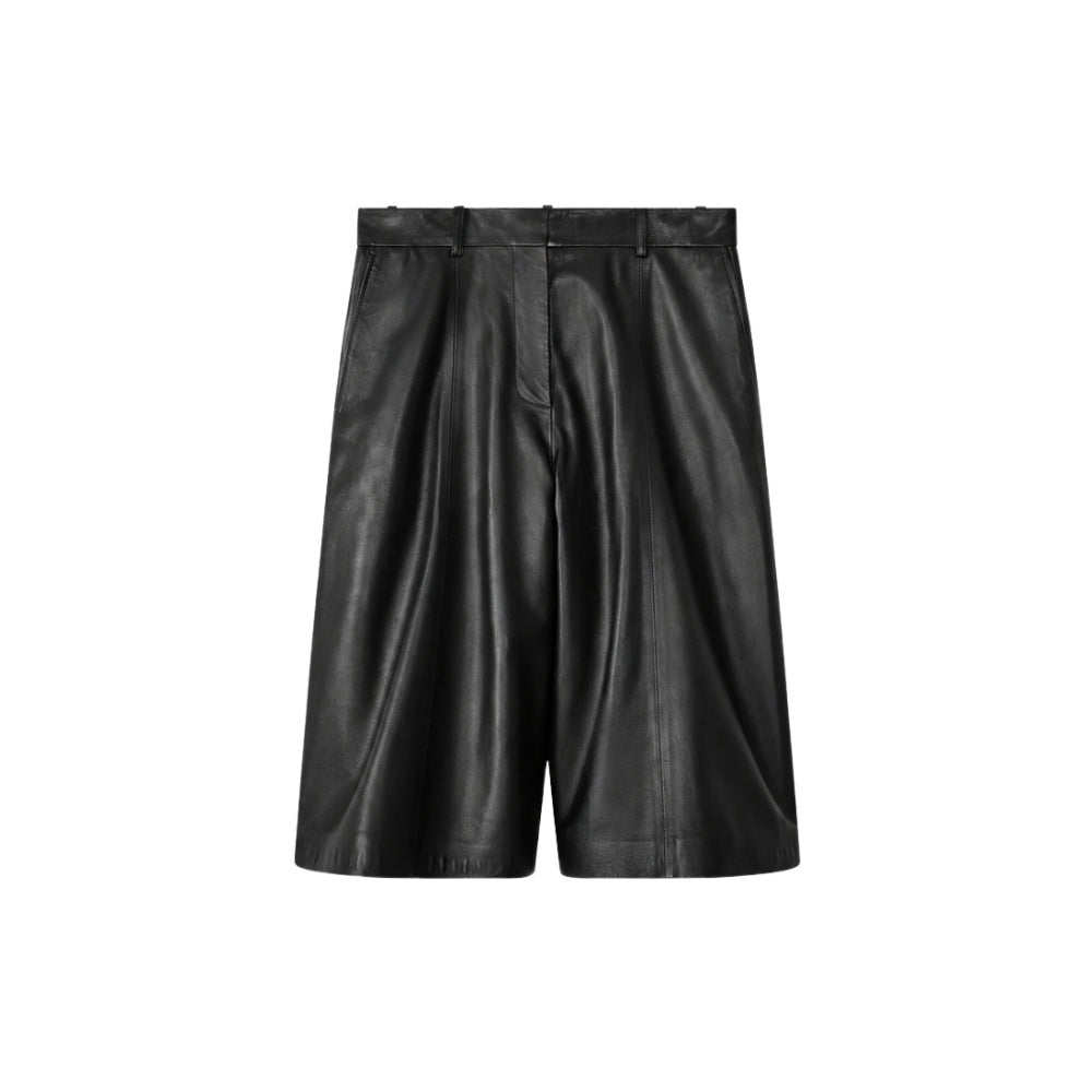 JOSEPH Asia Soft Nappa Leather Long Shorts in Black at Riada Concept. Wide-leg, knee-length lambskin - front view