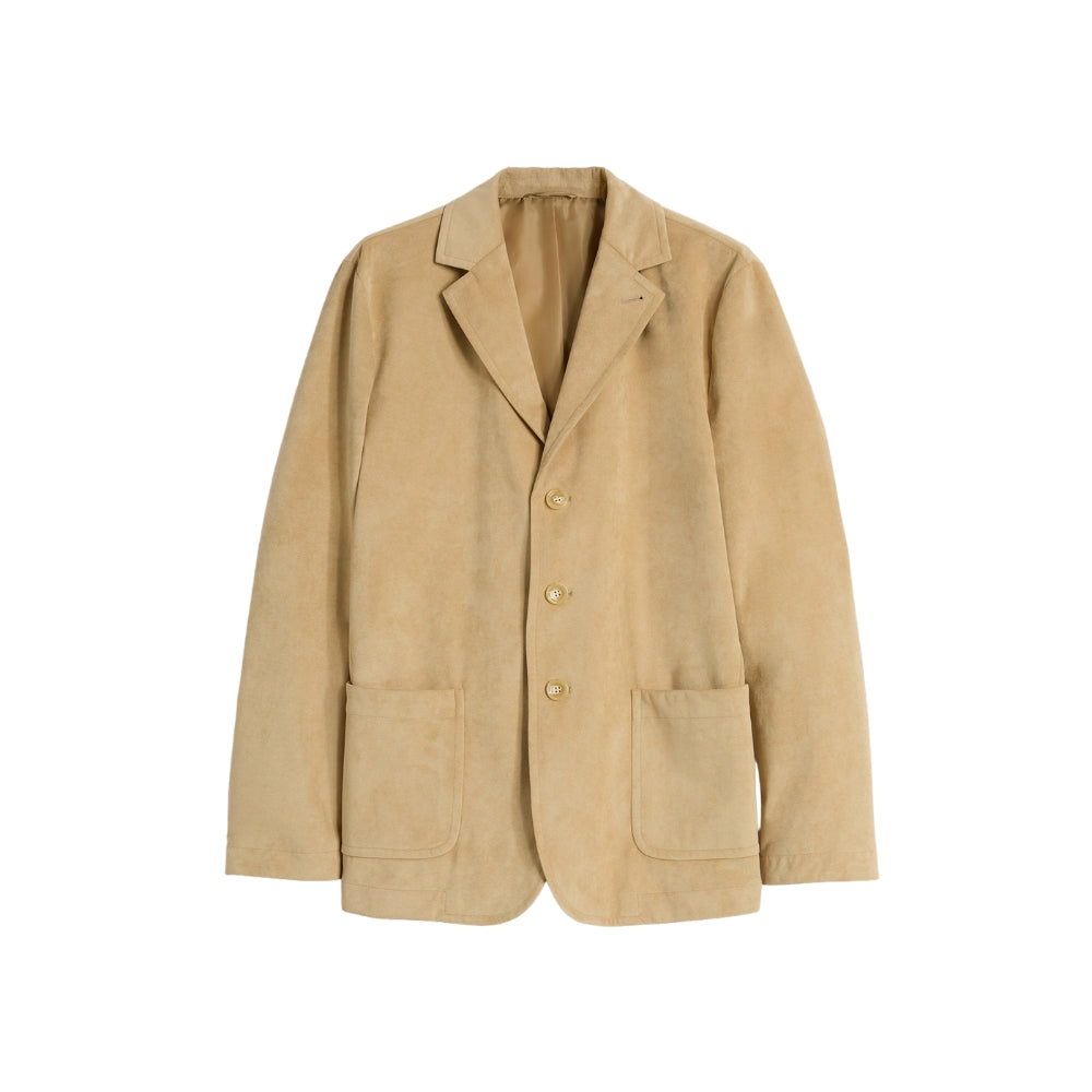 Aspesi Casaglia single-breasted blazer in beige suede-look Alcantara, front flat lay with three buttons and patch pockets