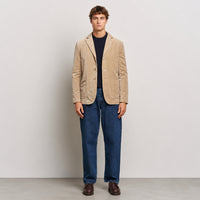 Aspesi Casaglia single-breasted blazer in beige suede-look Alcantara, front flat lay with three buttons and patch pockets - styled model view
